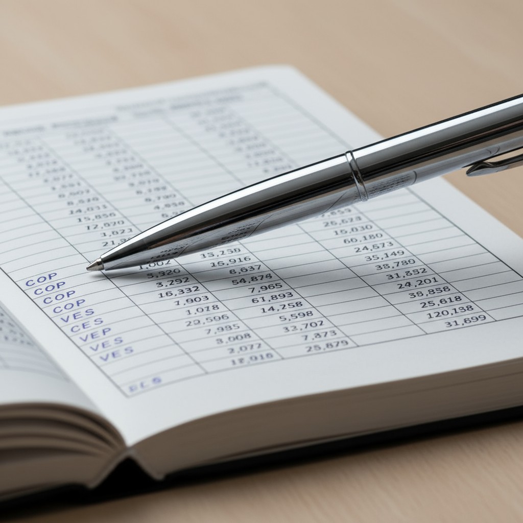 imagen blunt de un bolígrafo sobre una caja con una lista de valores, + a fondo blanco - copias alrededor.