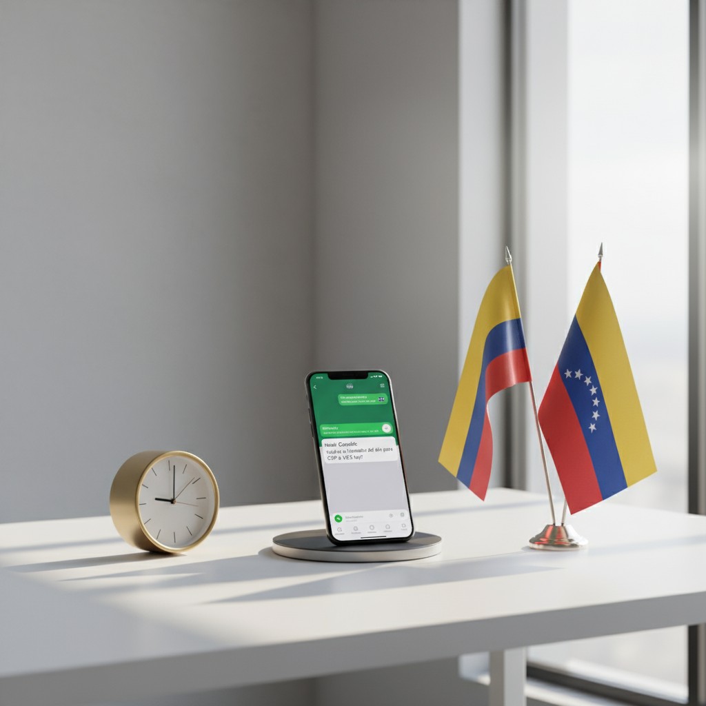 "The phone shows mobile application text overlaid on an image of a desk with Colombian flags.” or "Un teléfono con texto d...